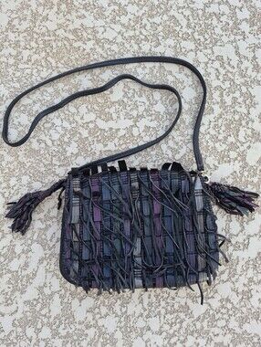 Vintage 80s East West Designs Narda Leather Fringe Crossbody Bag Boho Hippie